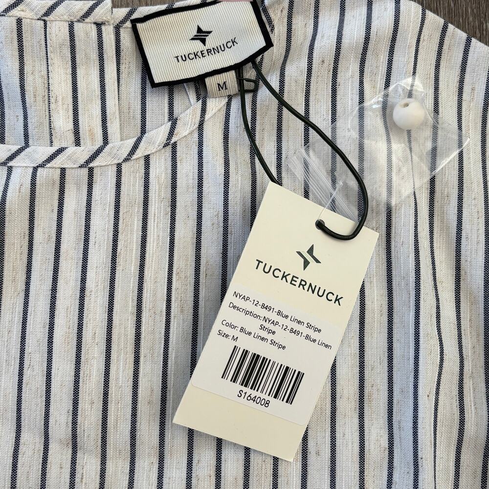 NWT Tuckernuck Edie Linen Puff Sleeve Crop Top in Blue Stripe - Size: Medium - Picture 8 of 12